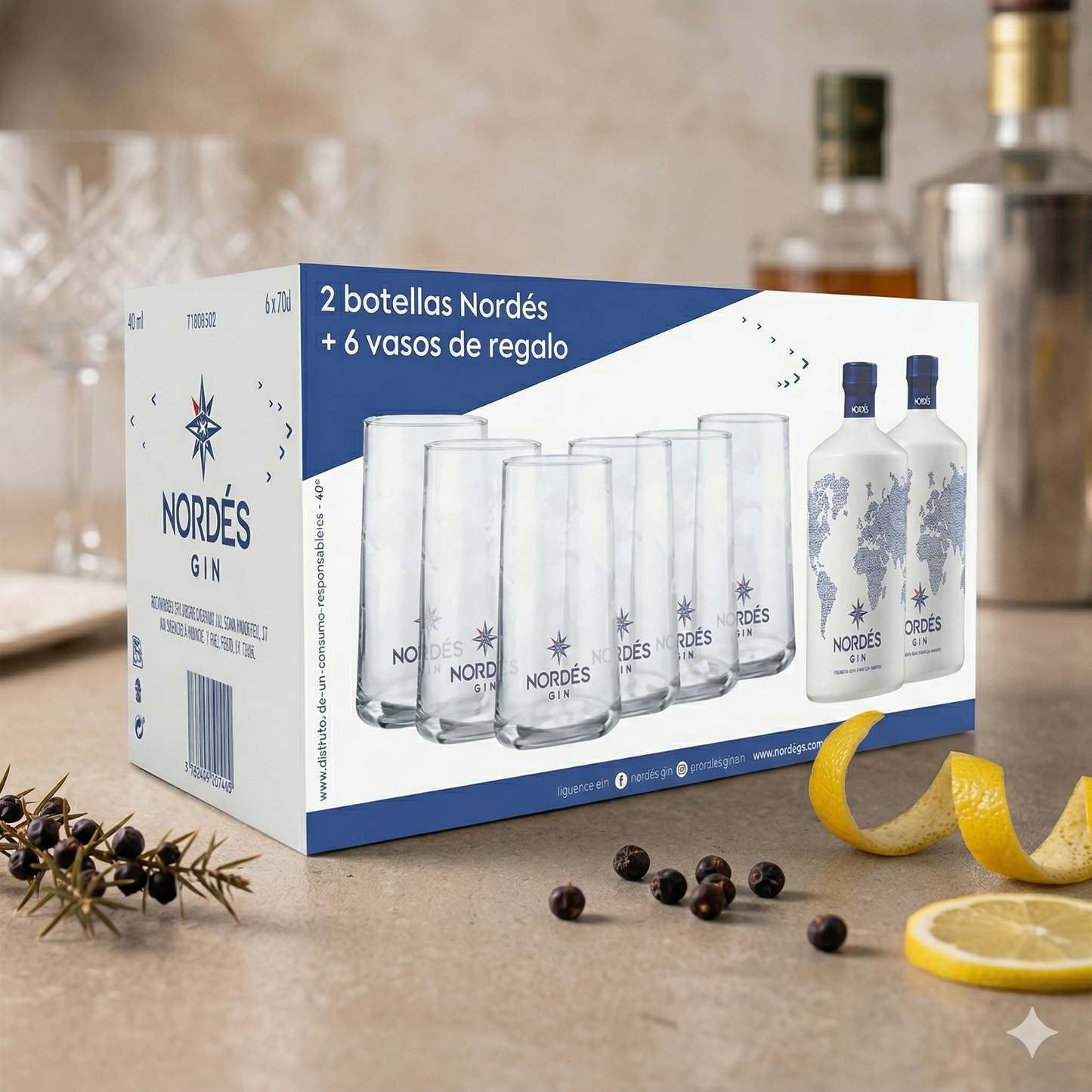 Ginebra Nordes 2 Botellas 70cl + 6 vasos Nordes Premium