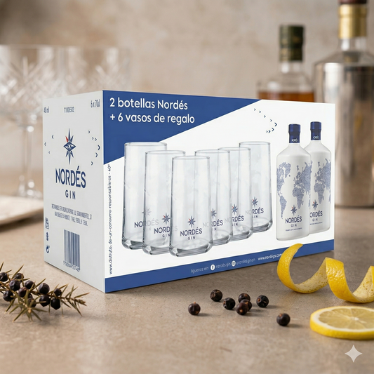 Ginebra Nordes 2 Botellas 70cl + 6 vasos Nordes Premium