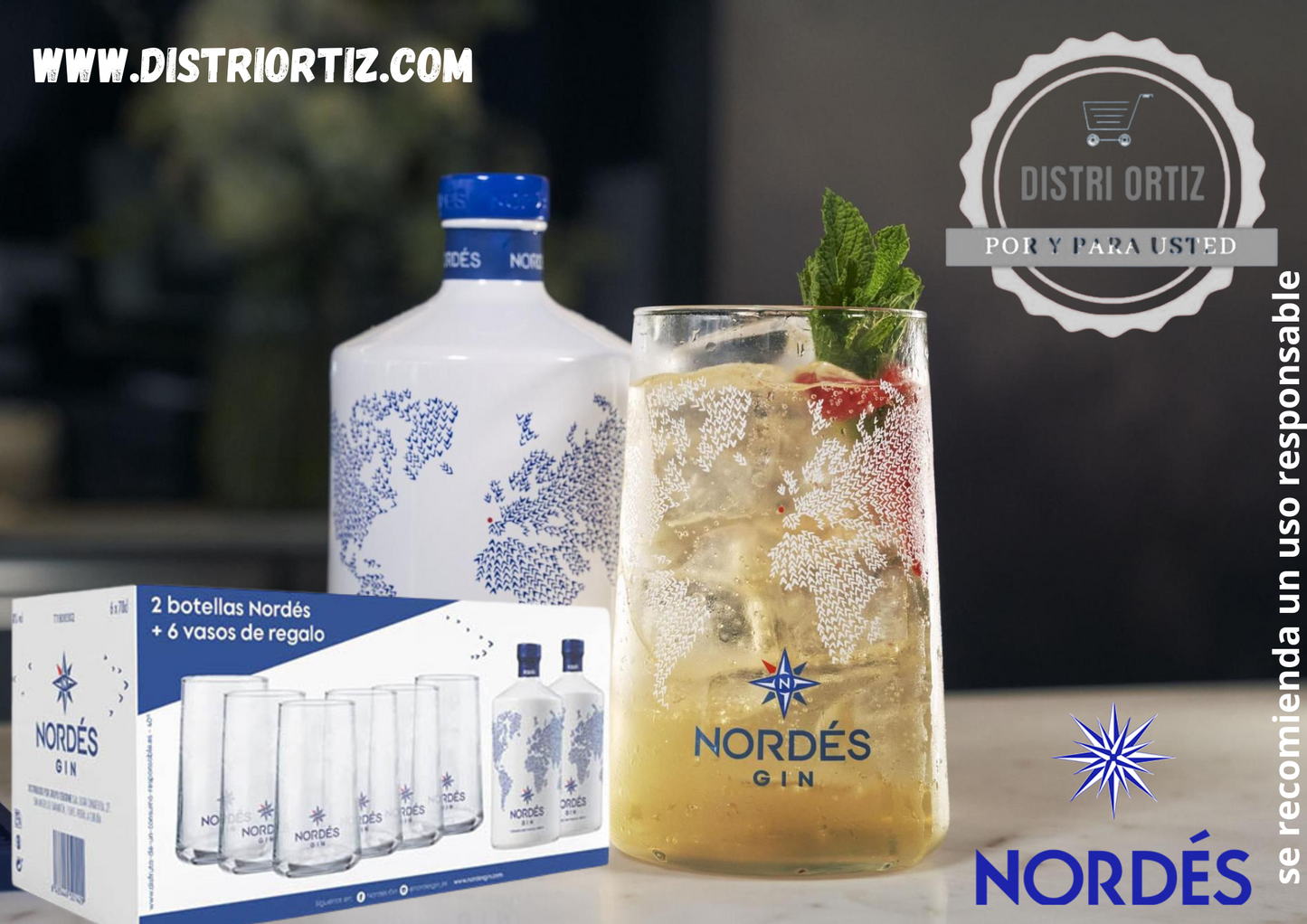 Ginebra Nordes 2 Botellas 70cl + 6 vasos Nordes Premium