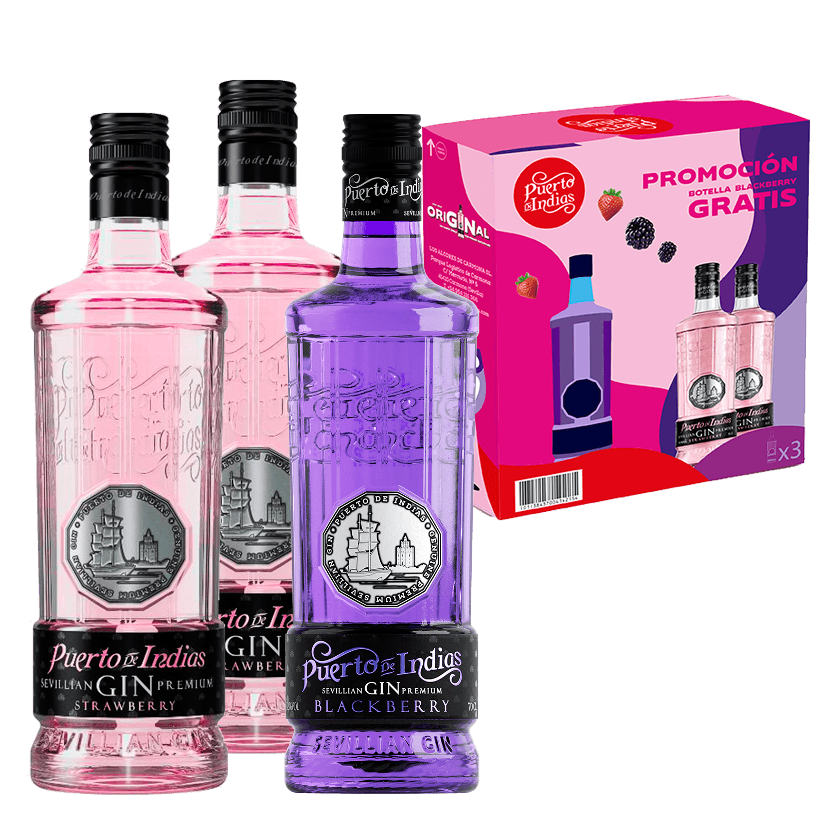 Ginebra Puerto De Indias Fresa 2 Botellas +1 Blackberry - Distri Ortiz